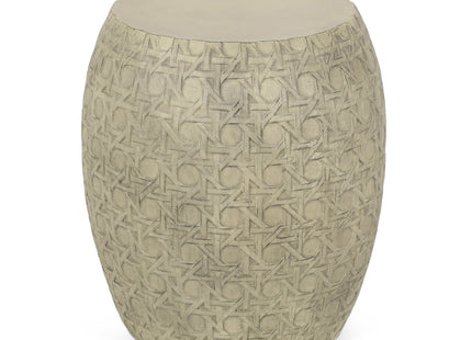 Bohemian Outdoor Lightweight Concrete Side Table with Cane Wicker Pattern, Antique Yellow, Magnesium Oxide, 17.50' x 17.50' x 19.75'