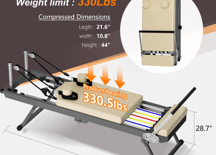 Pilates Reformer Machine for Home Gym Workout, Foldable Pilates Equipment with High Strength Alloy Springs for Beginners, Up to 330lbs,Beige