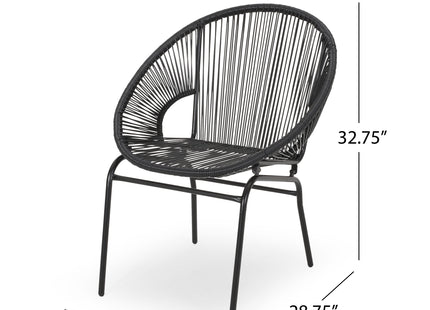 Outdoor Faux Rattan/Iron Metal Club Chair, Set of 2, Black