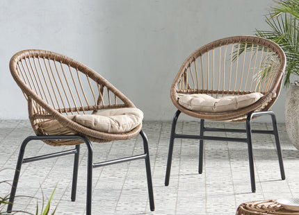 Outdoor Accent Chair with Curved Back and Basket Frame, Set of 2, Light Brown and Beige