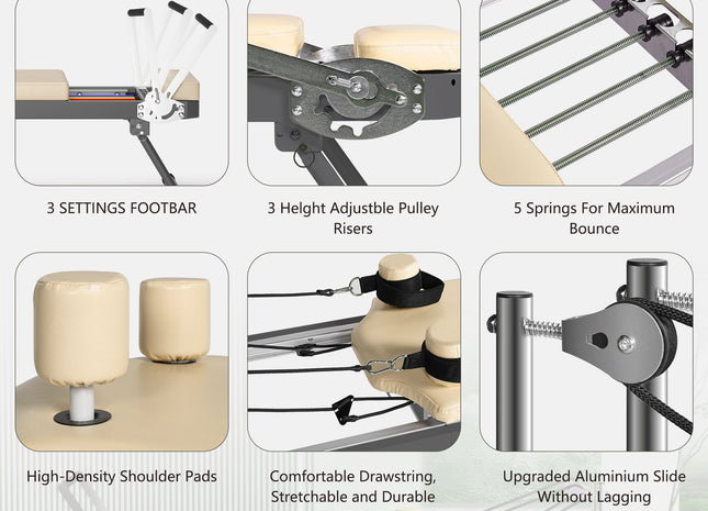 Pilates Reformer Machine for Home Gym Workout, Foldable Pilates Equipment with High Strength Alloy Springs for Beginners, Up to 330lbs,Beige