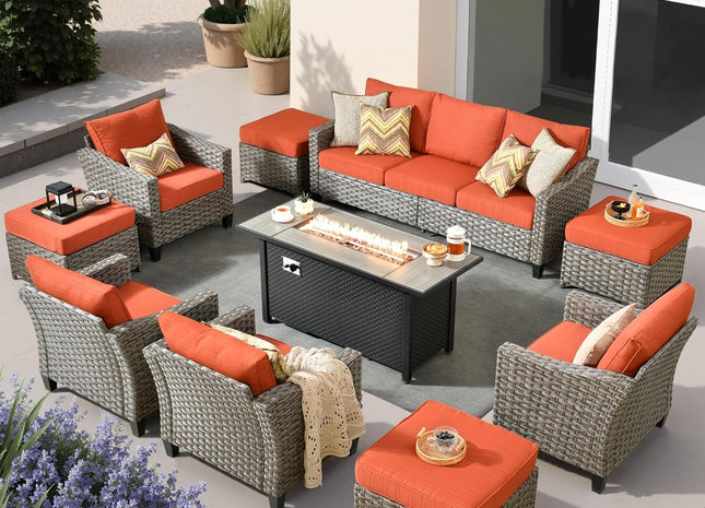 10 Piece Outdoor Patio Furniture Set with Fire Pit