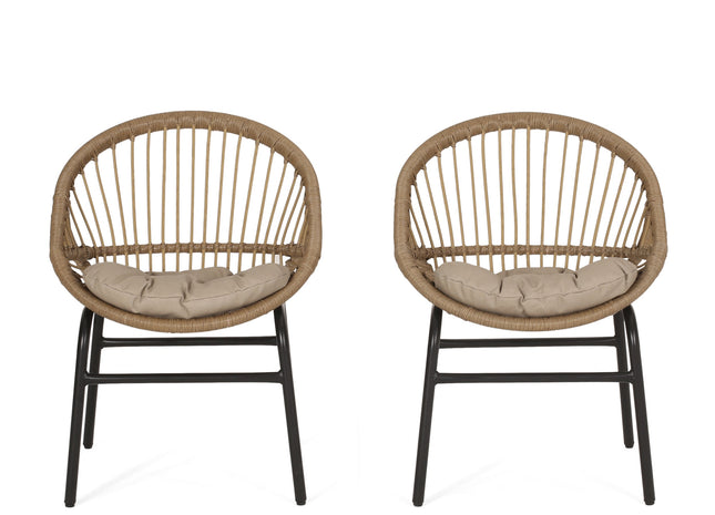 Outdoor Accent Chair with Curved Back and Basket Frame, Set of 2, Light Brown and Beige