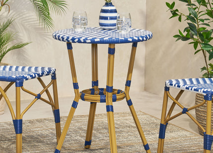 French Bistro Table Outdoor Elegance White+Blue Rattan 21.75x21.75x28.50 inches