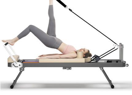 Pilates Reformer Machine for Home Gym Workout, Foldable Pilates Equipment with High Strength Alloy Springs for Beginners, Up to 330lbs,Beige