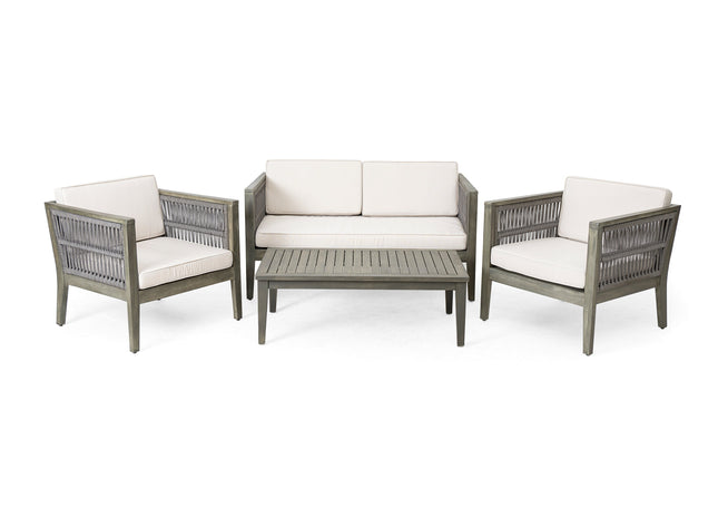 4-Pieces Acacia Wood Patio Furniture Set, Outdoor Furniture with Coffee Table, Patio Conversation Set Deep Seating with Soft Cushion, Porch Chairs for Garden, Backyard Porch Balcony, Grey & Beige