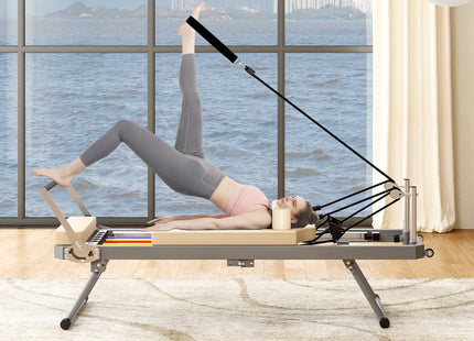 Pilates Reformer Machine for Home Gym Workout, Foldable Pilates Equipment with High Strength Alloy Springs for Beginners, Up to 330lbs,Beige