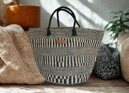 Balance Stripes Handmade Sisal Beach Market Sustainable Straw Basket Tote Bag