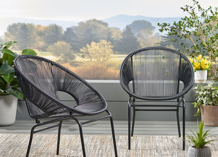Outdoor Faux Rattan/Iron Metal Club Chair, Set of 2, Black
