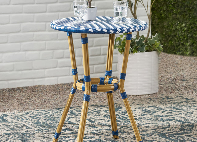 French Bistro Table Outdoor Elegance White+Blue Rattan 21.75x21.75x28.50 inches