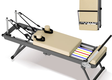 Pilates Reformer Machine for Home Gym Workout, Foldable Pilates Equipment with High Strength Alloy Springs for Beginners, Up to 330lbs,Beige