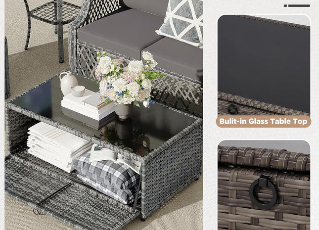 7 Piece Wicker Patio Furniture Set with Storage Coffee Table