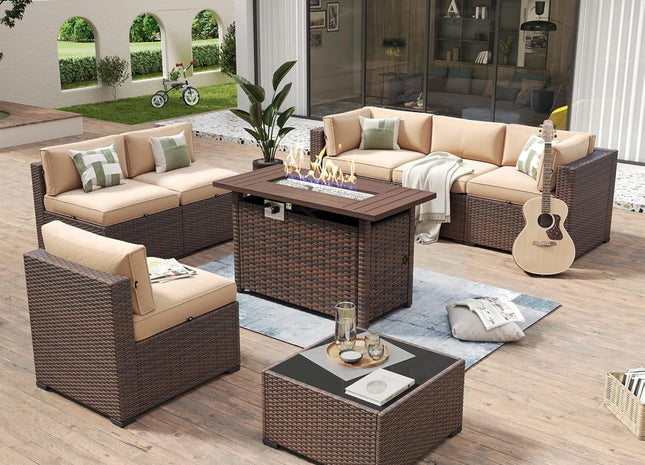 Eight Piece Outdoor Patio Furniture Set with Fire Pit
