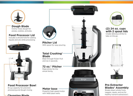 Ninja BN801 Professional Plus Kitchen System, 1400 WP, 5 Functions for Smoothies, Chopping, Dough & More with Auto IQ, 72-oz.* Blender Pitcher, 64-oz. Processor Bowl, (2) 24-oz. To-Go Cups, Grey