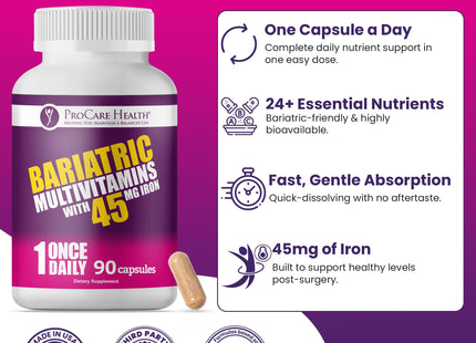 ProCare Health Bariatric Multivitamin 45mg Iron – Once Daily Capsule for Gastric Bypass, Sleeve & Post-Op Support – 90 Easy-to-Swallow Capsules, 3-Month Supply, No Artificial Colors, Gluten-Free