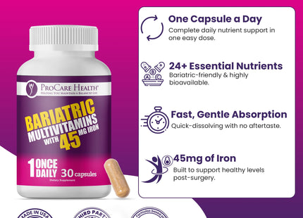 ProCare Health Bariatric Multivitamin 45mg Iron – Once Daily Capsule for Gastric Bypass, Sleeve & Post-Op Support – 90 Easy-to-Swallow Capsules, 3-Month Supply, No Artificial Colors, Gluten-Free