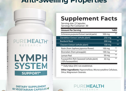 PUREHEALTH RESEARCH Lymph System Support Supplement - Lymphatic Drainage Supplement with Dandelion Extract, Cleavers, Burdock Powder - Reduce Swelling and Cleanse Lymph - 1 Bottle, Brown