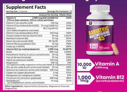 ProCare Health Bariatric Multivitamin 45mg Iron – Once Daily Capsule for Gastric Bypass, Sleeve & Post-Op Support – 90 Easy-to-Swallow Capsules, 3-Month Supply, No Artificial Colors, Gluten-Free
