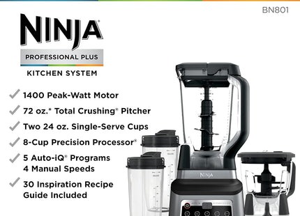 Ninja BN801 Professional Plus Kitchen System, 1400 WP, 5 Functions for Smoothies, Chopping, Dough & More with Auto IQ, 72-oz.* Blender Pitcher, 64-oz. Processor Bowl, (2) 24-oz. To-Go Cups, Grey