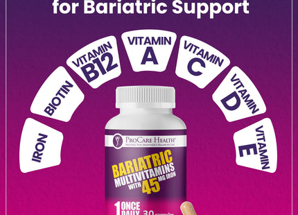 ProCare Health Bariatric Multivitamin 45mg Iron – Once Daily Capsule for Gastric Bypass, Sleeve & Post-Op Support – 90 Easy-to-Swallow Capsules, 3-Month Supply, No Artificial Colors, Gluten-Free