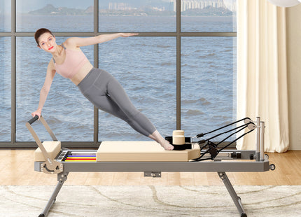 Pilates Reformer Machine for Home Gym Workout, Foldable Pilates Equipment with High Strength Alloy Springs for Beginners, Up to 330lbs,Beige