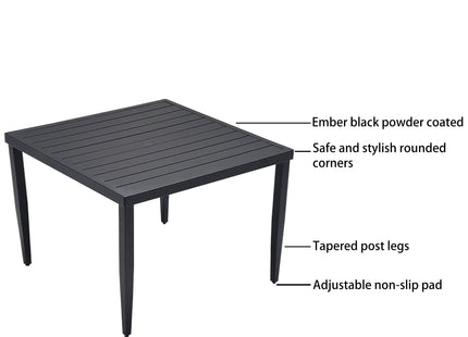 Outdoor Patio Aluminum 40'x40' Square Dining Table with Tapered Feet & 2'Umbrella Hole, Ember Black