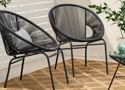 Outdoor Faux Rattan/Iron Metal Club Chair, Set of 2, Black