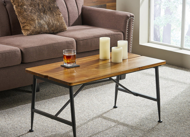 Rectangle Outdoor Coffee Table with Angled Tubular Legs and Wood Top, Black