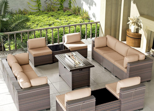 13 Piece Outdoor Patio Furniture Set with Fire Pit