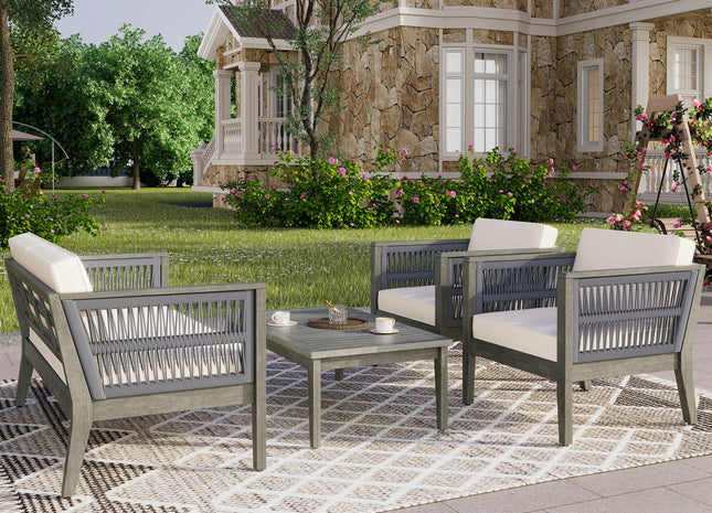 4-Pieces Acacia Wood Patio Furniture Set, Outdoor Furniture with Coffee Table, Patio Conversation Set Deep Seating with Soft Cushion, Porch Chairs for Garden, Backyard Porch Balcony, Grey & Beige