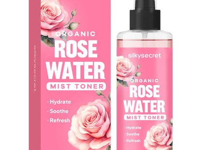 SilkySecret Organic Rose Water Spray (8.45 Fl Oz) Rosewater Spray for Face & Hair Hydrating Face Mist Toner Rose Water for Skin Care