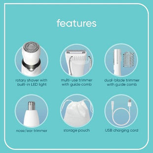 Conair Girlbomb Wet and Dry Cordless Rechargeable Face Shaver with Nose, Ear, Eyebrow and Bikini Trimmer Attachments Set 6pc - Imperfect Box