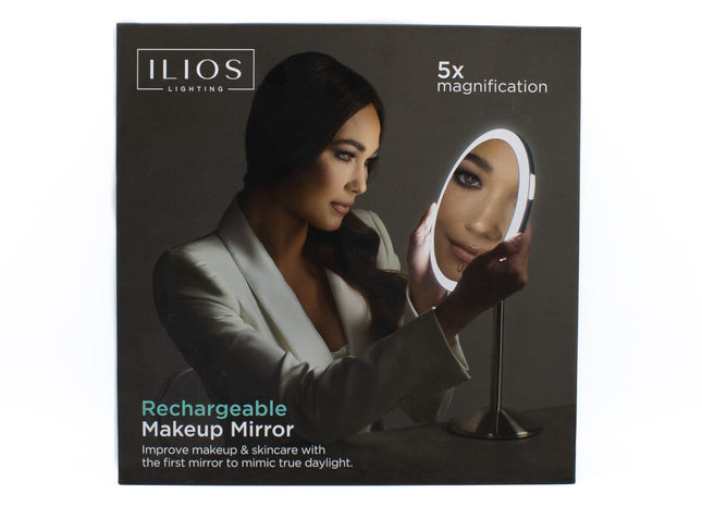 ILIOS Lighting Rechargeable Round Table Makeup Mirror 5x Magnification - New