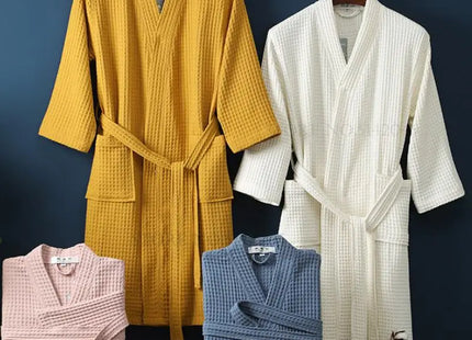 Adult Cotton Waffle Kimono Bathrobe Gown with Pocket Loungewear Sleepwear