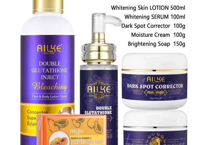 AILKE Glutathione 5-in-1 Women Skin Care Kit, With Body Lotion, Serum, Dark Spot Removal Cream, Body Cream, Brightening Soap