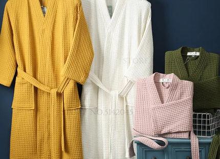 Adult Cotton Waffle Kimono Bathrobe Gown with Pocket Loungewear Sleepwear
