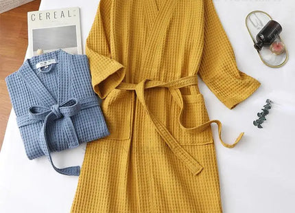 Adult Cotton Waffle Kimono Bathrobe Gown with Pocket Loungewear Sleepwear