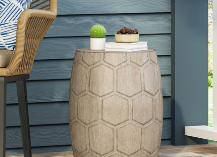 Boho Outdoor Lightweight Concrete Side Table with Honeycomb Pattern in Natural Finish, Magnesium Oxide, 15.25 x 15.25 x 18.25 inches
