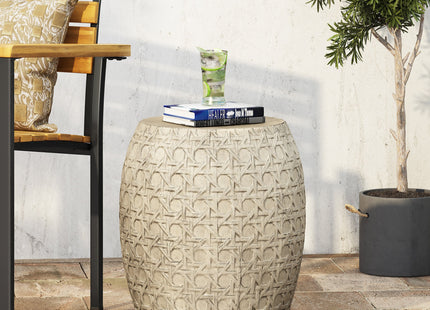 Bohemian Outdoor Lightweight Concrete Side Table with Cane Wicker Pattern, Antique Yellow, Magnesium Oxide, 17.50' x 17.50' x 19.75'