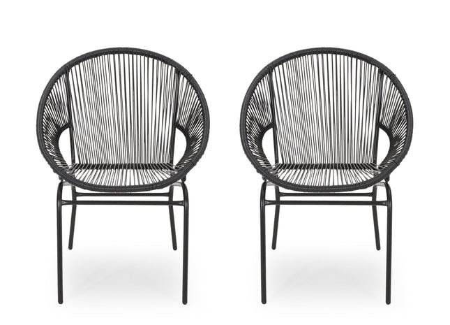 Outdoor Faux Rattan/Iron Metal Club Chair, Set of 2, Black
