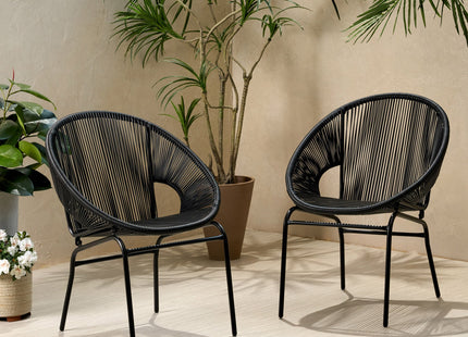 Outdoor Faux Rattan/Iron Metal Club Chair, Set of 2, Black