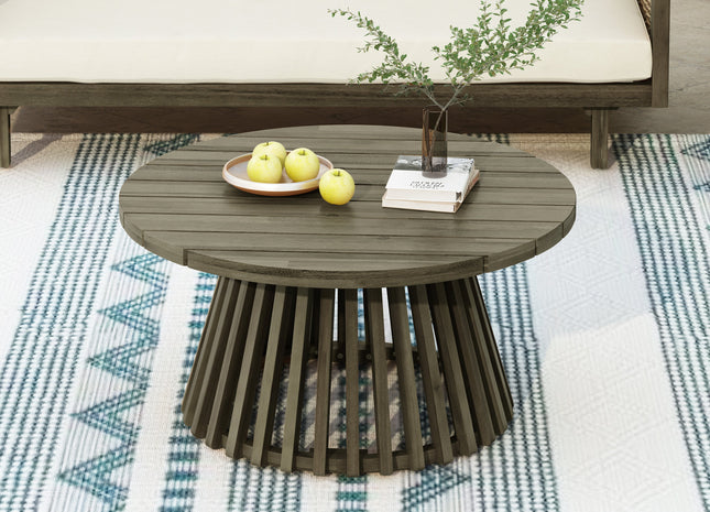 Outdoor Acacia Wood Patio Coffee Table, Round Coffee Table for Backyard, Lawn, Balcony,Grey Finish