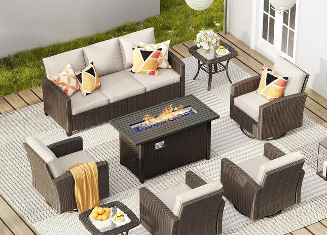 Eight Piece Outdoor Patio Furniture Set with Firepit
