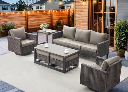 Seven Piece Outdoor Wicker Patio Furniture Set With Swivel Rockers