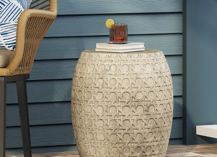 Bohemian Outdoor Lightweight Concrete Side Table with Cane Wicker Pattern, Antique Yellow, Magnesium Oxide, 17.50' x 17.50' x 19.75'