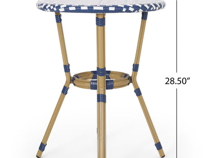 French Bistro Table Outdoor Elegance White+Blue Rattan 21.75x21.75x28.50 inches