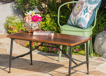 Rectangle Outdoor Coffee Table with Angled Tubular Legs and Wood Top, Black