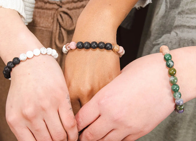 Gemstone Diffuser Bracelet - Dalmatian Jade + Pink Rhodonite + Lava Rock