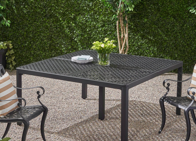 Modern Outdoor Dining Table with Woven Accents in Antique Matte Black Aluminum