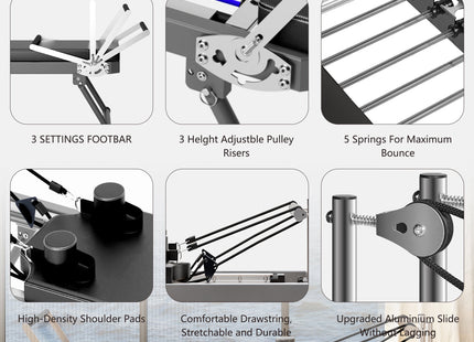 Extra Large Pilates Reformer - Multi-functional Home Fitness Equipment, 395lbs Capacity, with Dynamic Resistance Cords and Aerobic Rebounder, Improves Posture, Builds Strength, Reduces Stress, black